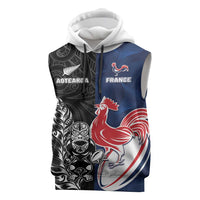 France And New Zealand Rugby Custom Sleeveless Hoodie Les Bleus Rooster With Maori Tiki LT05 Black - Polynesian Pride