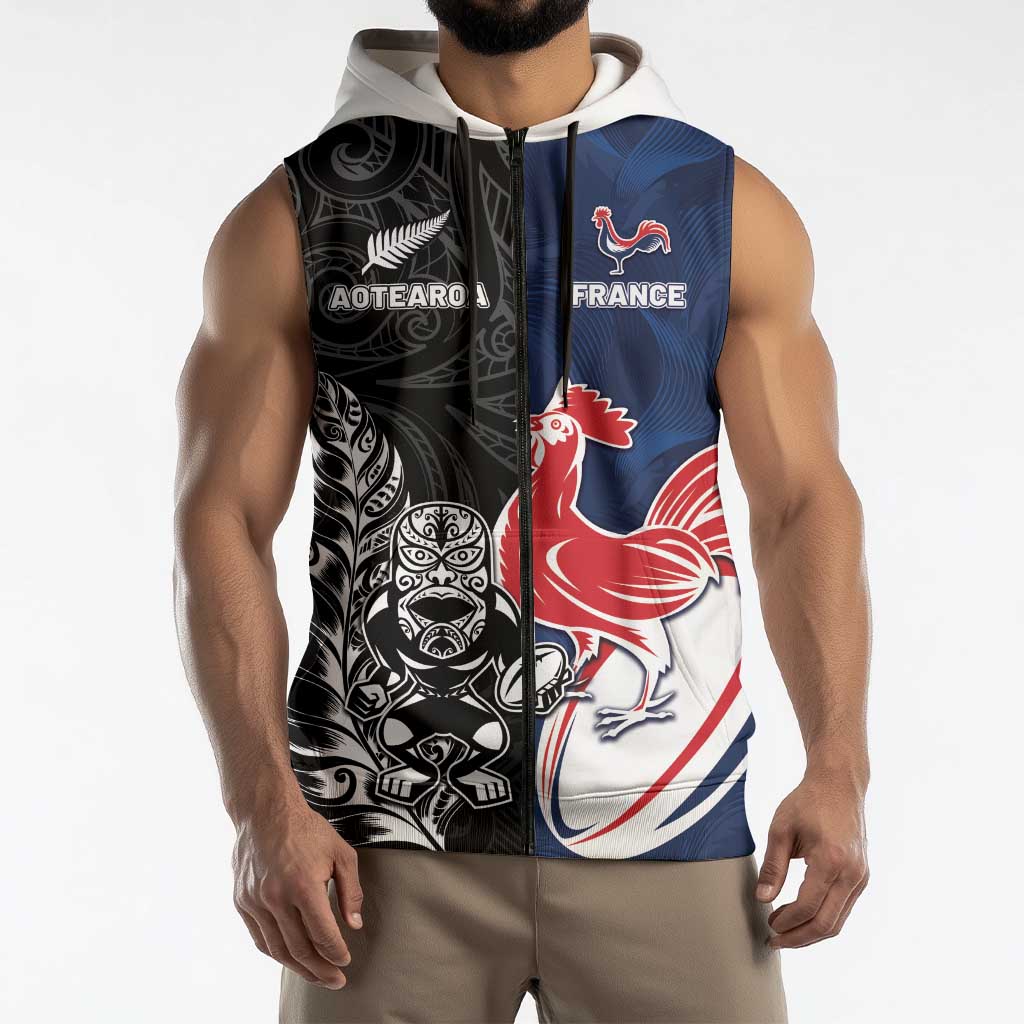 France And New Zealand Rugby Custom Sleeveless Zip Hoodie Les Bleus Rooster With Maori Tiki LT05 - Polynesian Pride