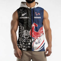 France And New Zealand Rugby Custom Sleeveless Zip Hoodie Les Bleus Rooster With Maori Tiki LT05 - Polynesian Pride