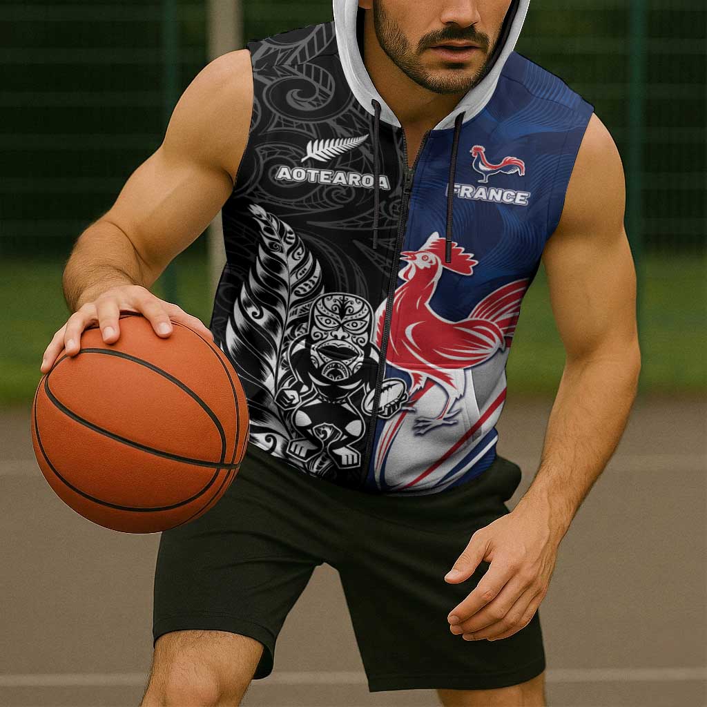 France And New Zealand Rugby Custom Sleeveless Zip Hoodie Les Bleus Rooster With Maori Tiki LT05 - Polynesian Pride