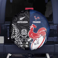 France And New Zealand Rugby Spare Tire Cover Les Bleus Rooster With Maori Tiki LT05 No hole Black - Polynesian Pride