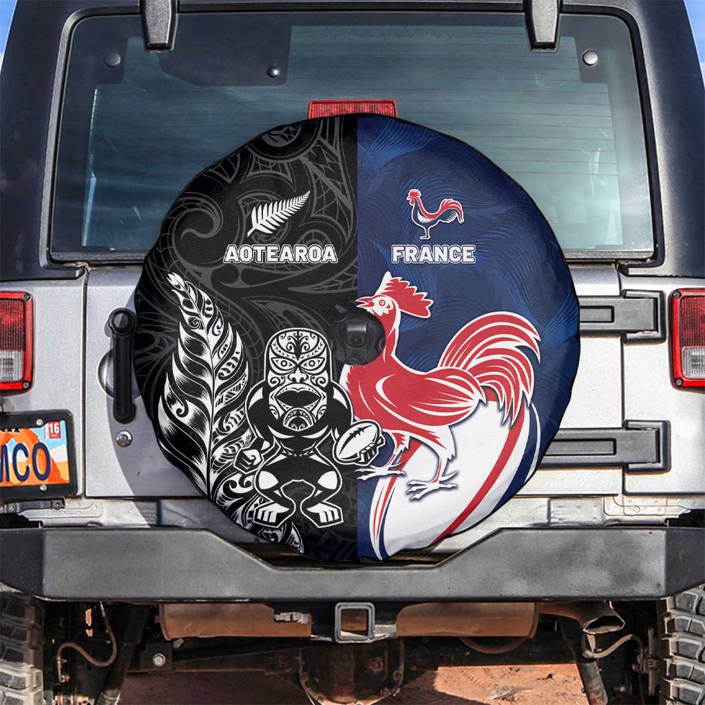 France And New Zealand Rugby Spare Tire Cover Les Bleus Rooster With Maori Tiki LT05 Black - Polynesian Pride