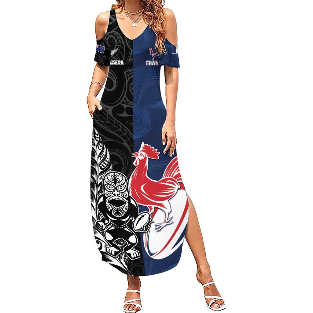 France And New Zealand Rugby Custom Summer Maxi Dress Les Bleus Rooster With Maori Tiki LT05 Women Black - Polynesian Pride