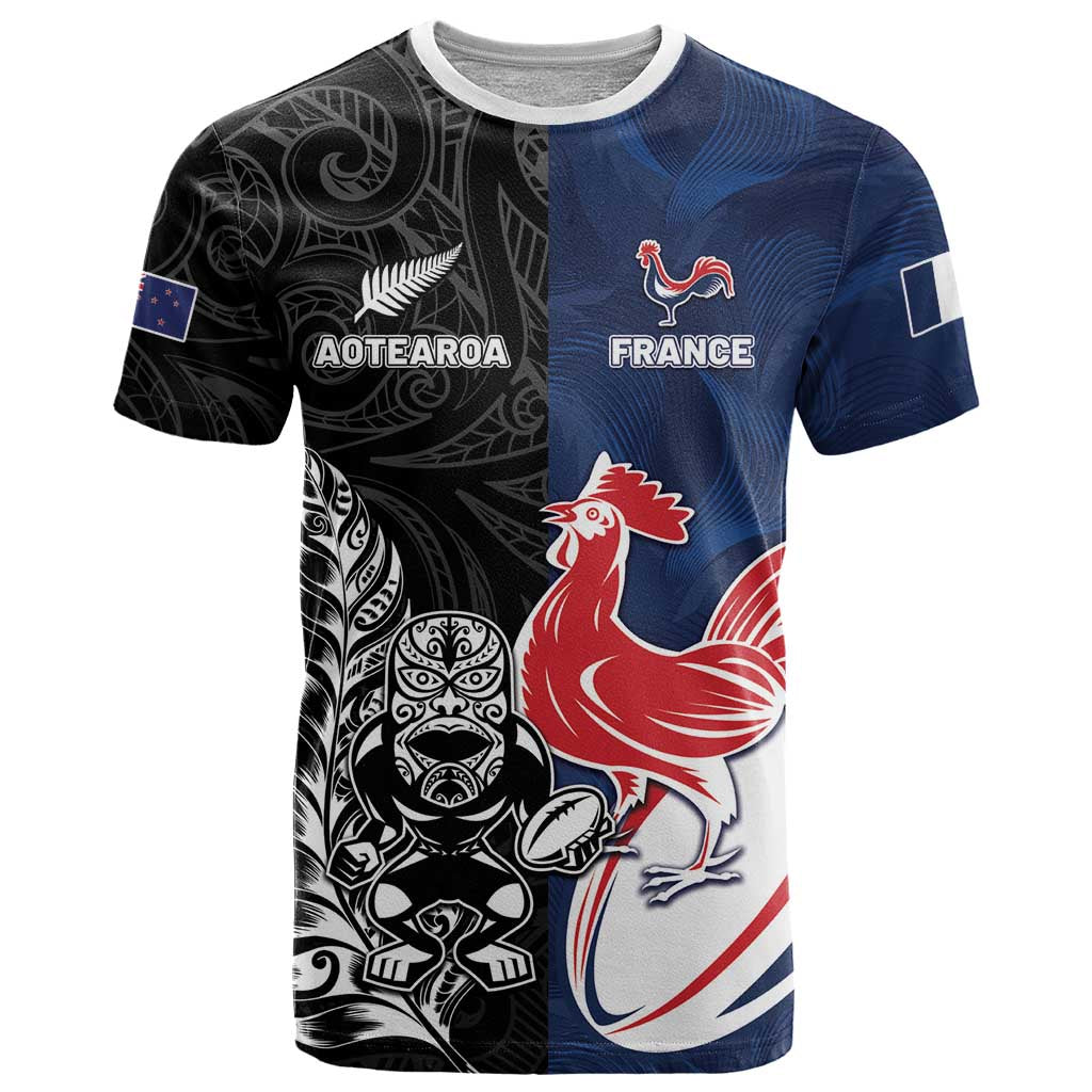 France And New Zealand Rugby Custom T Shirt Les Bleus Rooster With Maori Tiki LT05 Black - Polynesian Pride