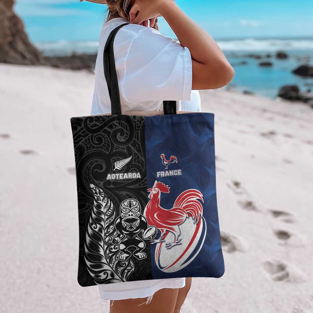 France And New Zealand Rugby Tote Bag Les Bleus Rooster With Maori Tiki LT05 - Polynesian Pride