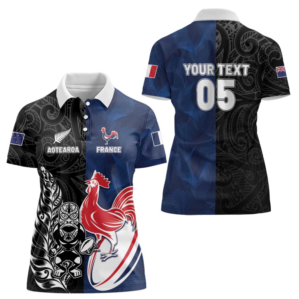 France And New Zealand Rugby Custom Women Polo Shirt Les Bleus Rooster With Maori Tiki LT05 - Polynesian Pride