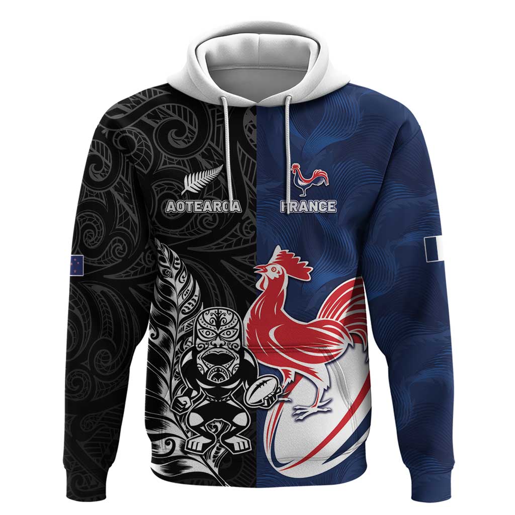 France And New Zealand Rugby Custom Zip Hoodie Les Bleus Rooster With Maori Tiki LT05 Pullover Hoodie Black - Polynesian Pride