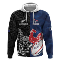 France And New Zealand Rugby Custom Zip Hoodie Les Bleus Rooster With Maori Tiki LT05 Pullover Hoodie Black - Polynesian Pride