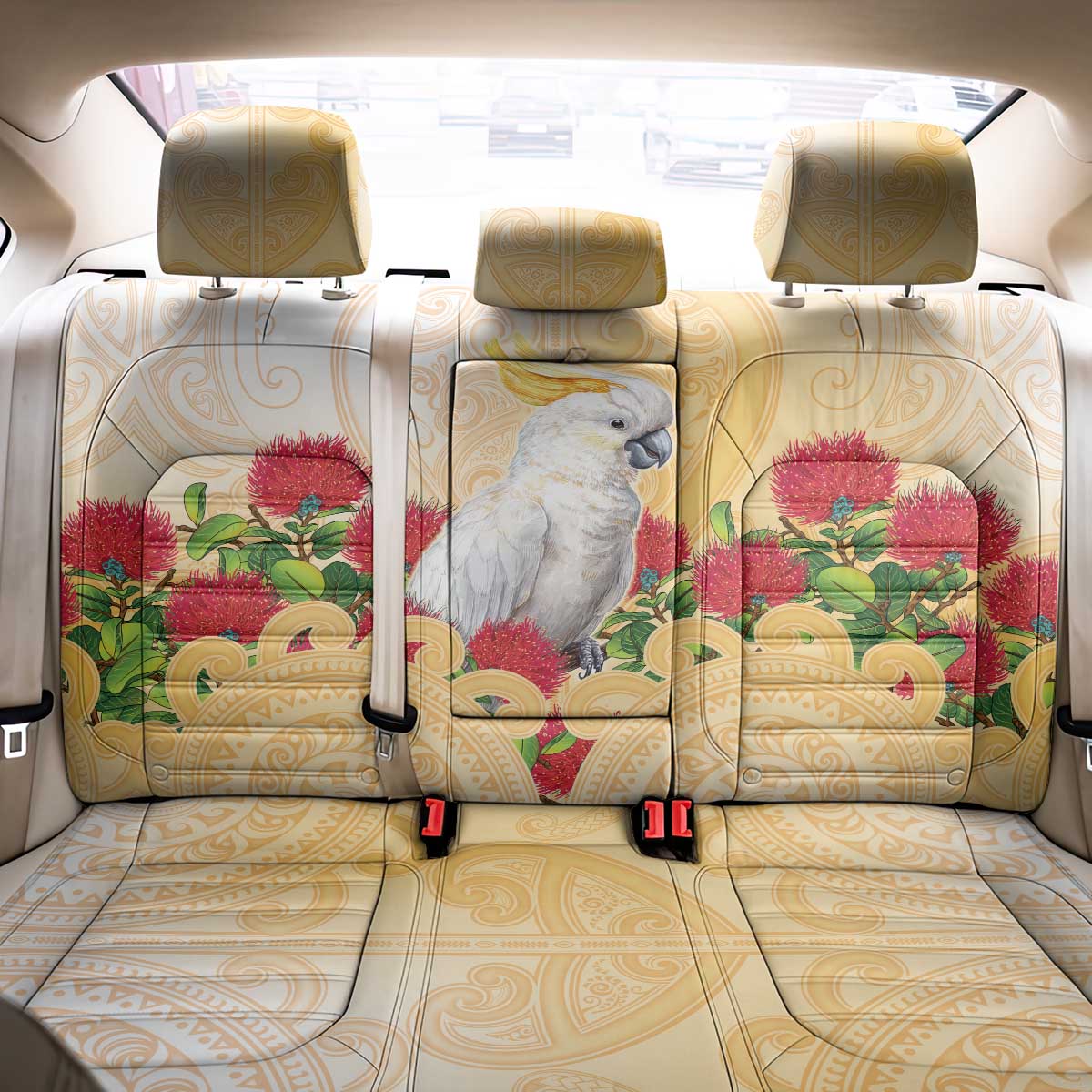 New Zealand Aotearoa Cockatoo Back Car Seat Cover Maori Pattern With Pohutukawa Flowers