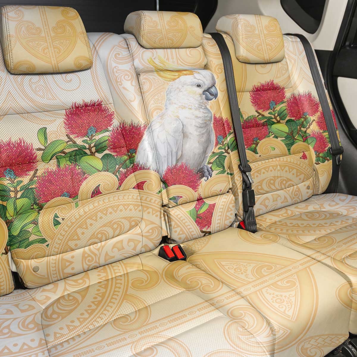 New Zealand Aotearoa Cockatoo Back Car Seat Cover Maori Pattern With Pohutukawa Flowers