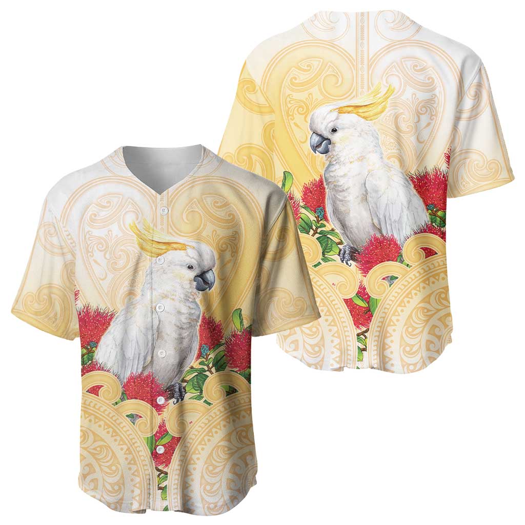 New Zealand Aotearoa Cockatoo Baseball Jersey Maori Pattern With Pohutukawa Flowers