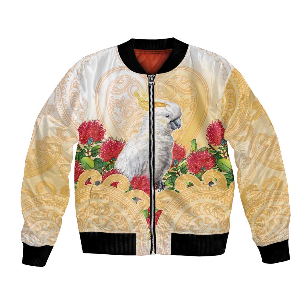 New Zealand Aotearoa Cockatoo Bomber Jacket Maori Pattern With Pohutukawa Flowers
