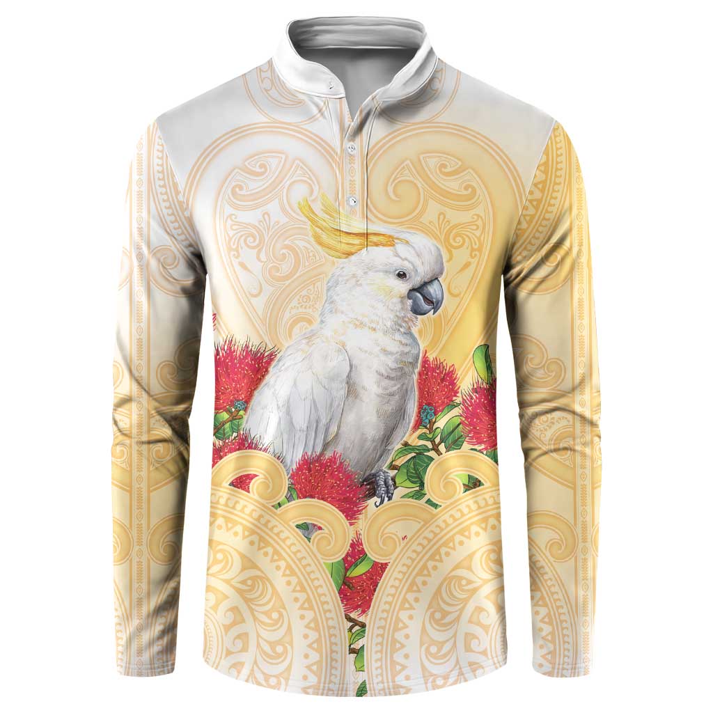 New Zealand Aotearoa Cockatoo Button Sweatshirt Maori Pattern With Pohutukawa Flowers