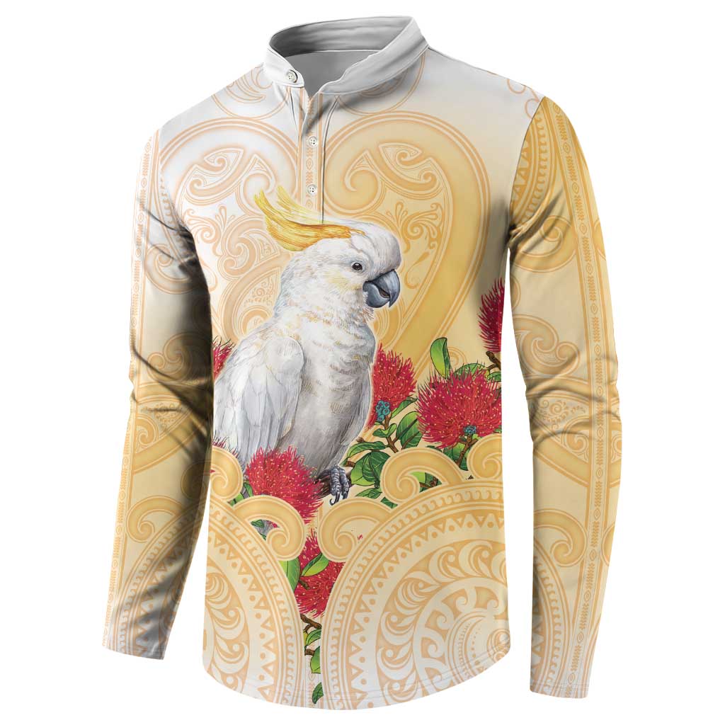 New Zealand Aotearoa Cockatoo Button Sweatshirt Maori Pattern With Pohutukawa Flowers