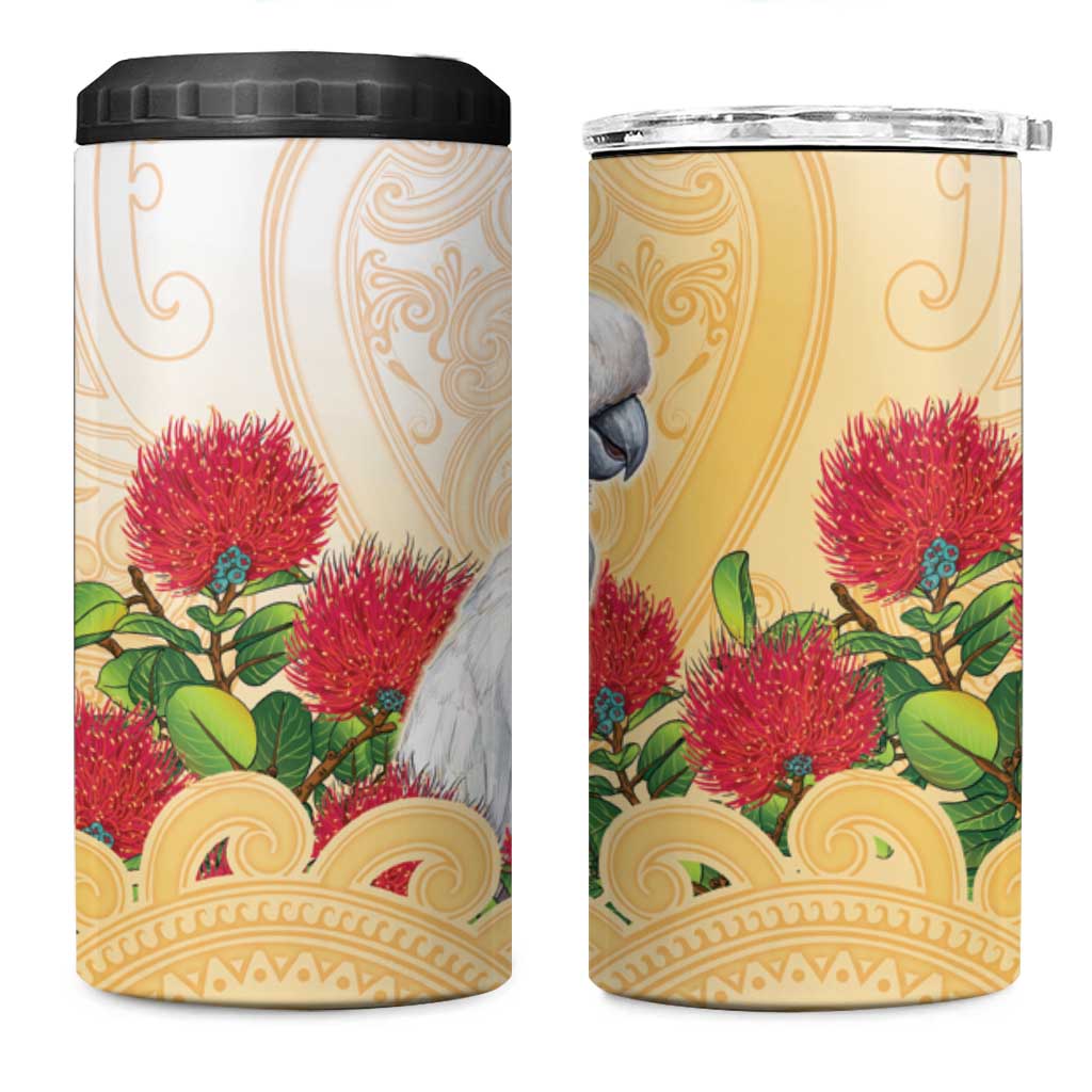 New Zealand Aotearoa Cockatoo 4 in 1 Can Cooler Tumbler Maori Pattern With Pohutukawa Flowers