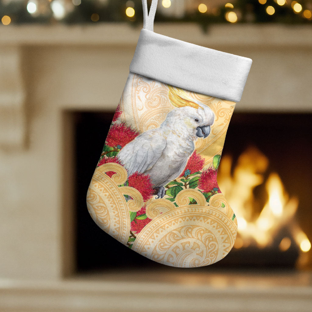 New Zealand Aotearoa Cockatoo Christmas Stocking Maori Pattern With Pohutukawa Flowers LT05 Set of 2 Beige - Polynesian Pride