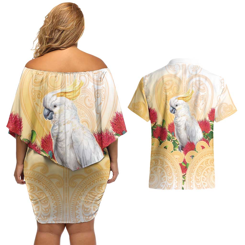 New Zealand Aotearoa Cockatoo Couples Matching Off Shoulder Short Dress and Hawaiian Shirt Maori Pattern With Pohutukawa Flowers LT05 - Polynesian Pride