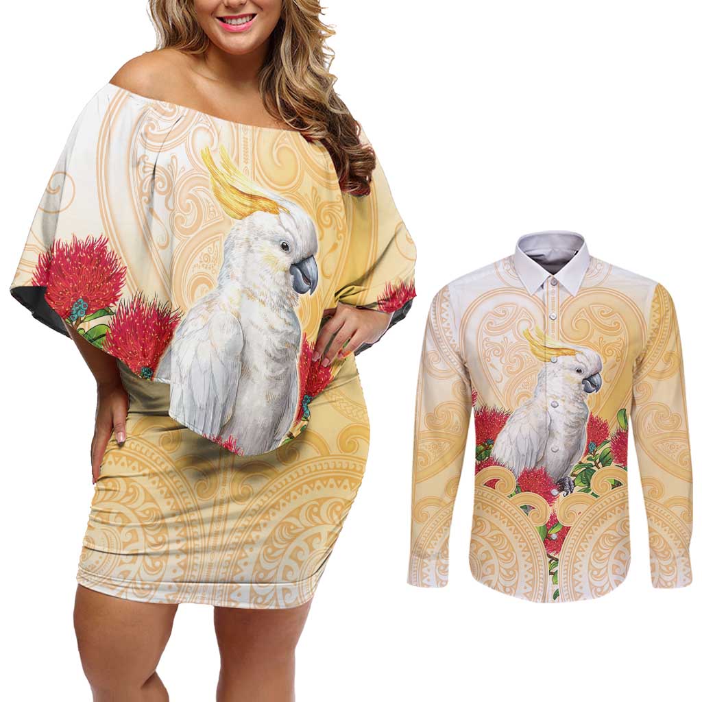 New Zealand Aotearoa Cockatoo Couples Matching Off Shoulder Short Dress and Long Sleeve Button Shirt Maori Pattern With Pohutukawa Flowers