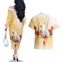New Zealand Aotearoa Cockatoo Couples Matching Off The Shoulder Long Sleeve Dress and Hawaiian Shirt Maori Pattern With Pohutukawa Flowers LT05 - Polynesian Pride