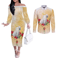 New Zealand Aotearoa Cockatoo Couples Matching Off The Shoulder Long Sleeve Dress and Long Sleeve Button Shirt Maori Pattern With Pohutukawa Flowers LT05 Beige - Polynesian Pride