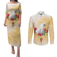 New Zealand Aotearoa Cockatoo Couples Matching Puletasi and Long Sleeve Button Shirt Maori Pattern With Pohutukawa Flowers LT05 Beige - Polynesian Pride