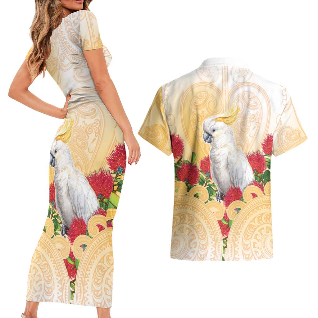New Zealand Aotearoa Cockatoo Couples Matching Short Sleeve Bodycon Dress and Hawaiian Shirt Maori Pattern With Pohutukawa Flowers LT05 - Polynesian Pride