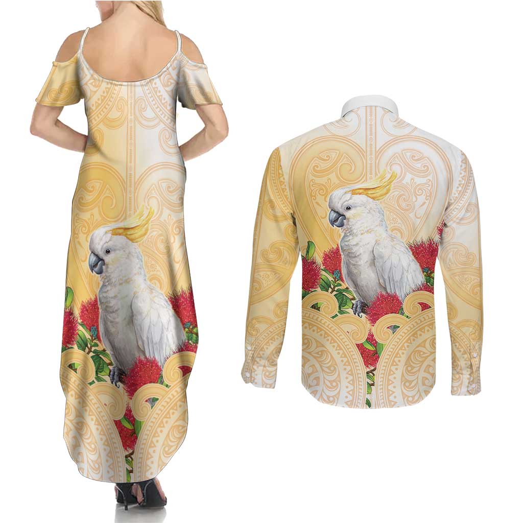 New Zealand Aotearoa Cockatoo Couples Matching Summer Maxi Dress and Long Sleeve Button Shirt Maori Pattern With Pohutukawa Flowers LT05 - Polynesian Pride