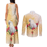New Zealand Aotearoa Cockatoo Couples Matching Tank Maxi Dress and Long Sleeve Button Shirt Maori Pattern With Pohutukawa Flowers LT05 - Polynesian Pride