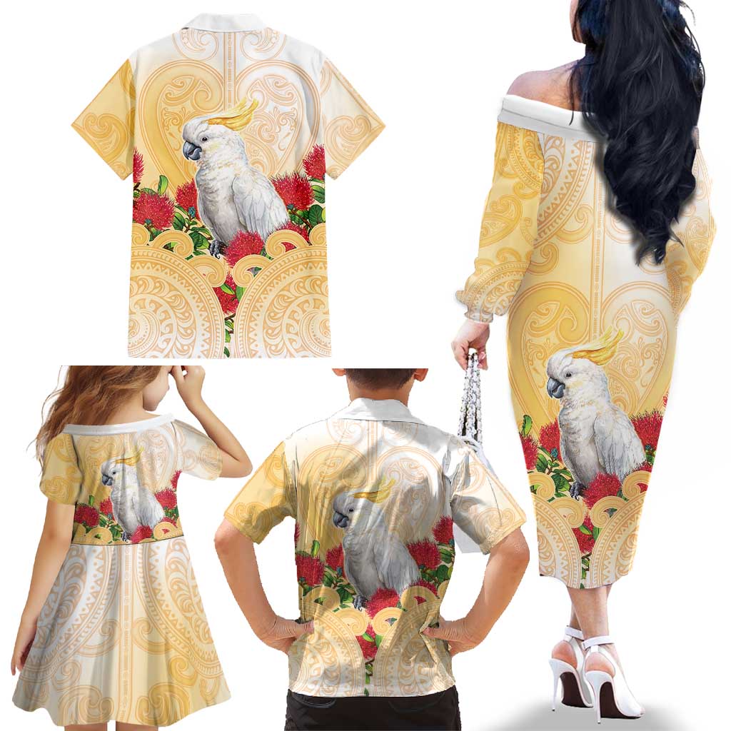 New Zealand Aotearoa Cockatoo Family Matching Off The Shoulder Long Sleeve Dress and Hawaiian Shirt Maori Pattern With Pohutukawa Flowers LT05 - Polynesian Pride