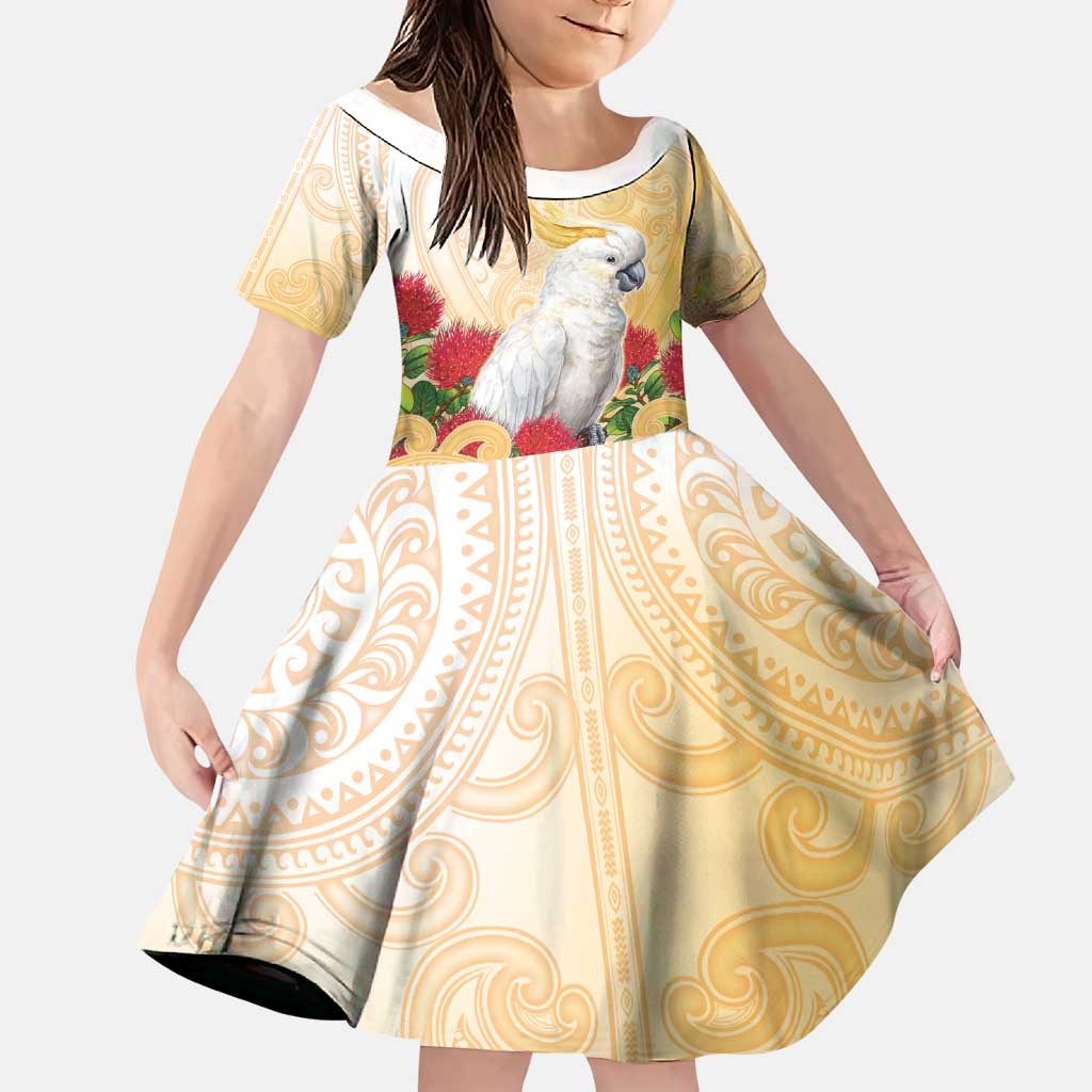 New Zealand Aotearoa Cockatoo Family Matching Off Shoulder Maxi Dress and Hawaiian Shirt Maori Pattern With Pohutukawa Flowers LT05 Daughter's Dress Beige - Polynesian Pride
