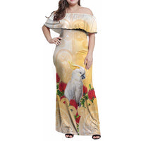 New Zealand Aotearoa Cockatoo Family Matching Off Shoulder Maxi Dress and Hawaiian Shirt Maori Pattern With Pohutukawa Flowers LT05 Mom's Dress Beige - Polynesian Pride