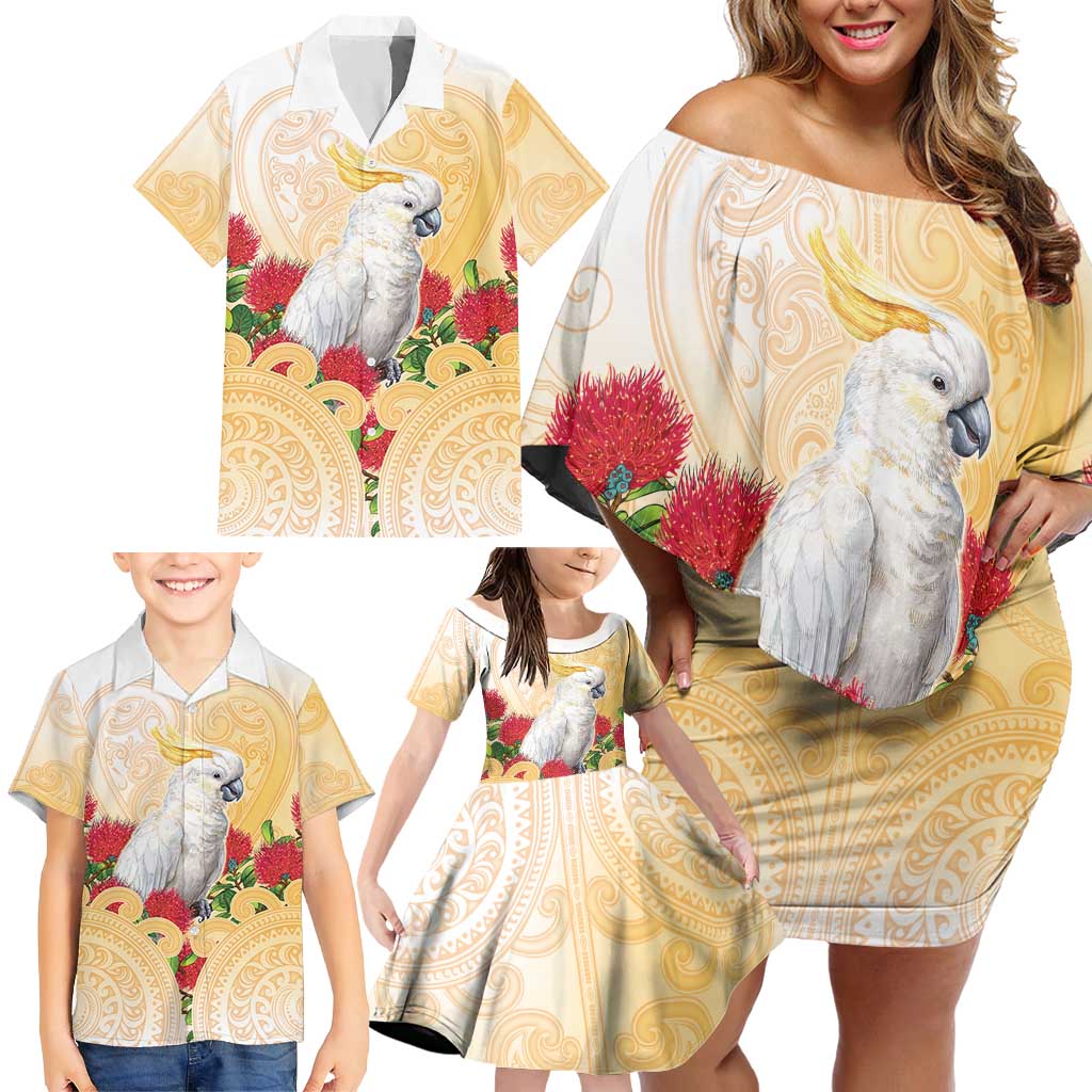 New Zealand Aotearoa Cockatoo Family Matching Off Shoulder Short Dress and Hawaiian Shirt Maori Pattern With Pohutukawa Flowers