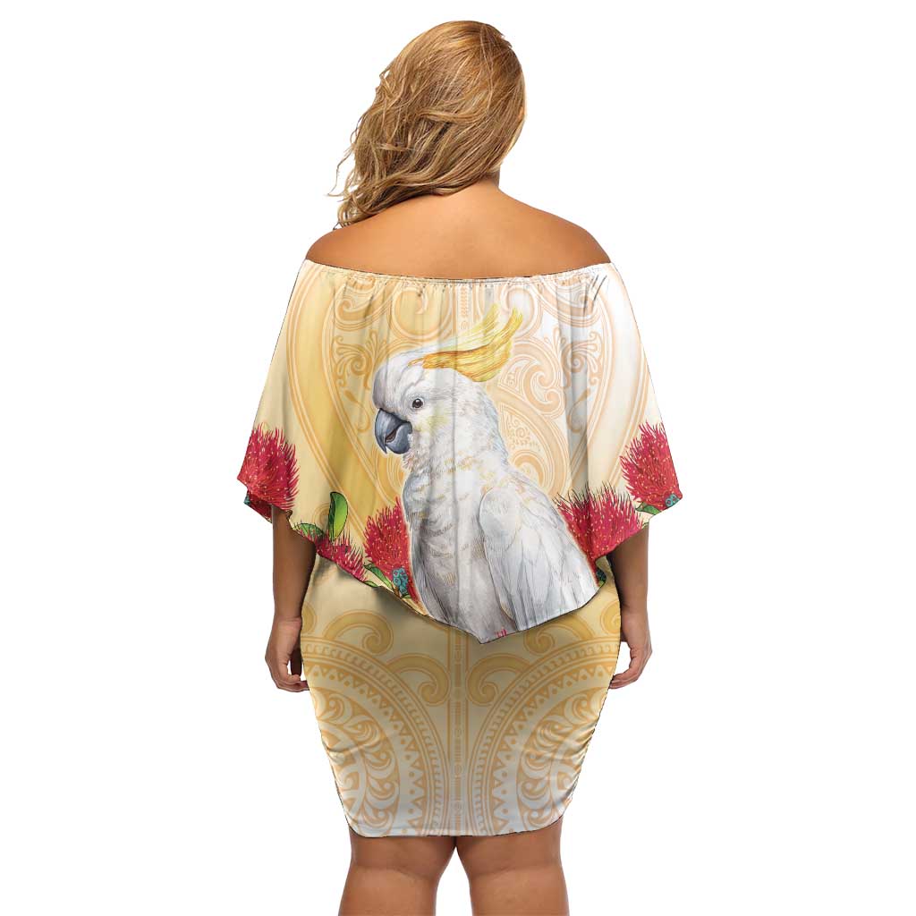 New Zealand Aotearoa Cockatoo Family Matching Off Shoulder Short Dress and Hawaiian Shirt Maori Pattern With Pohutukawa Flowers LT05 - Polynesian Pride