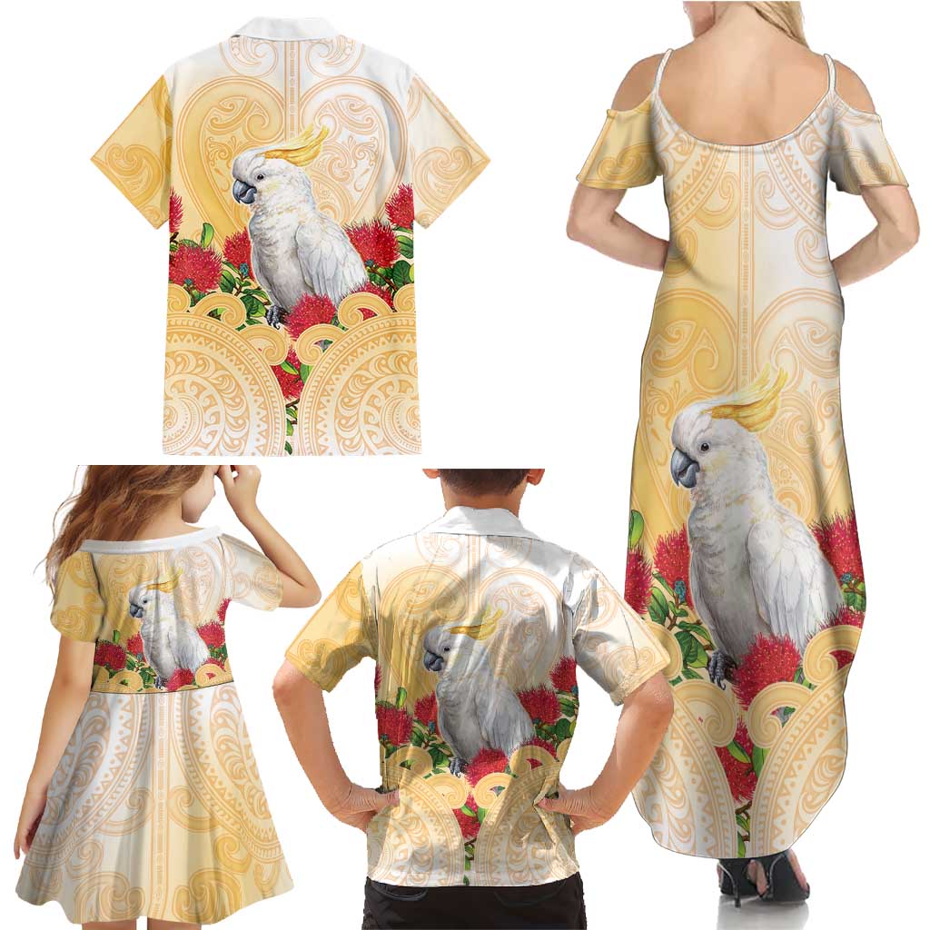 New Zealand Aotearoa Cockatoo Family Matching Summer Maxi Dress and Hawaiian Shirt Maori Pattern With Pohutukawa Flowers LT05 - Polynesian Pride