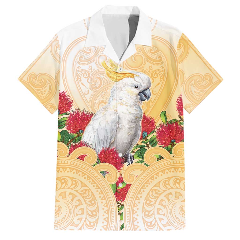New Zealand Aotearoa Cockatoo Family Matching Tank Maxi Dress and Hawaiian Shirt Maori Pattern With Pohutukawa Flowers LT05 Dad's Shirt - Short Sleeve Beige - Polynesian Pride