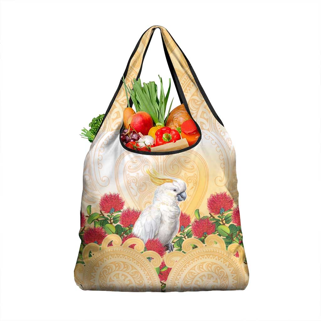 New Zealand Aotearoa Cockatoo Grocery Bag Maori Pattern With Pohutukawa Flowers