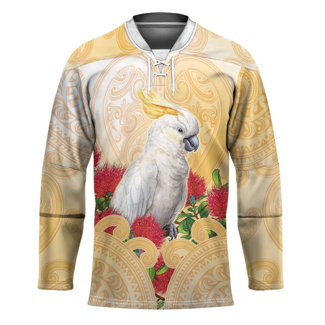 New Zealand Aotearoa Cockatoo Hockey Jersey Maori Pattern With Pohutukawa Flowers