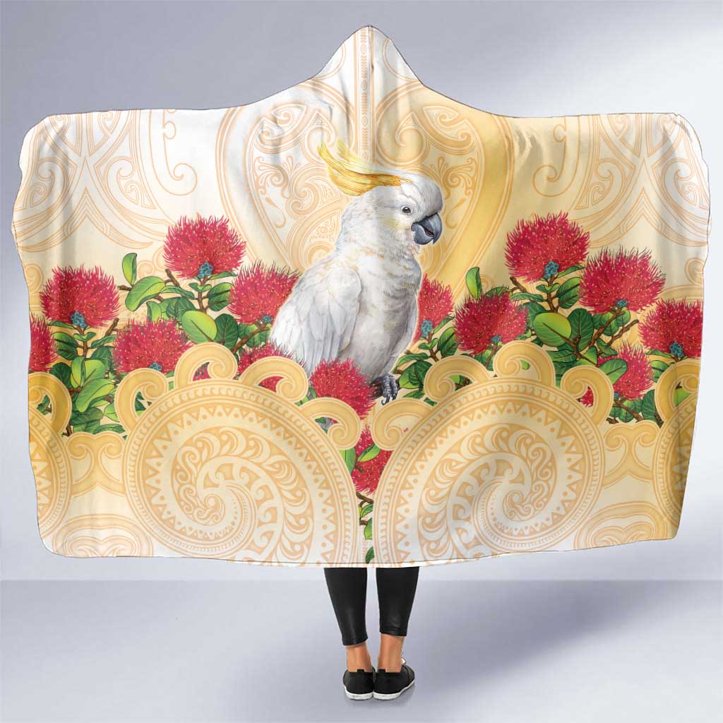 New Zealand Aotearoa Cockatoo Hooded Blanket Maori Pattern With Pohutukawa Flowers
