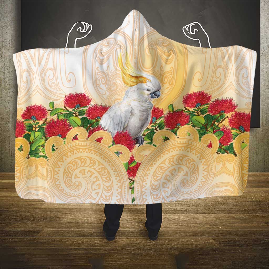 New Zealand Aotearoa Cockatoo Hooded Blanket Maori Pattern With Pohutukawa Flowers
