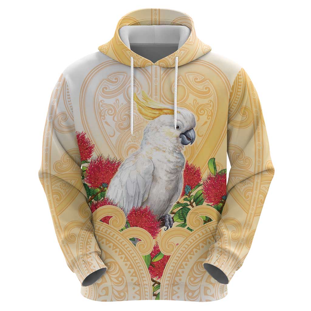 New Zealand Aotearoa Cockatoo Hoodie Maori Pattern With Pohutukawa Flowers