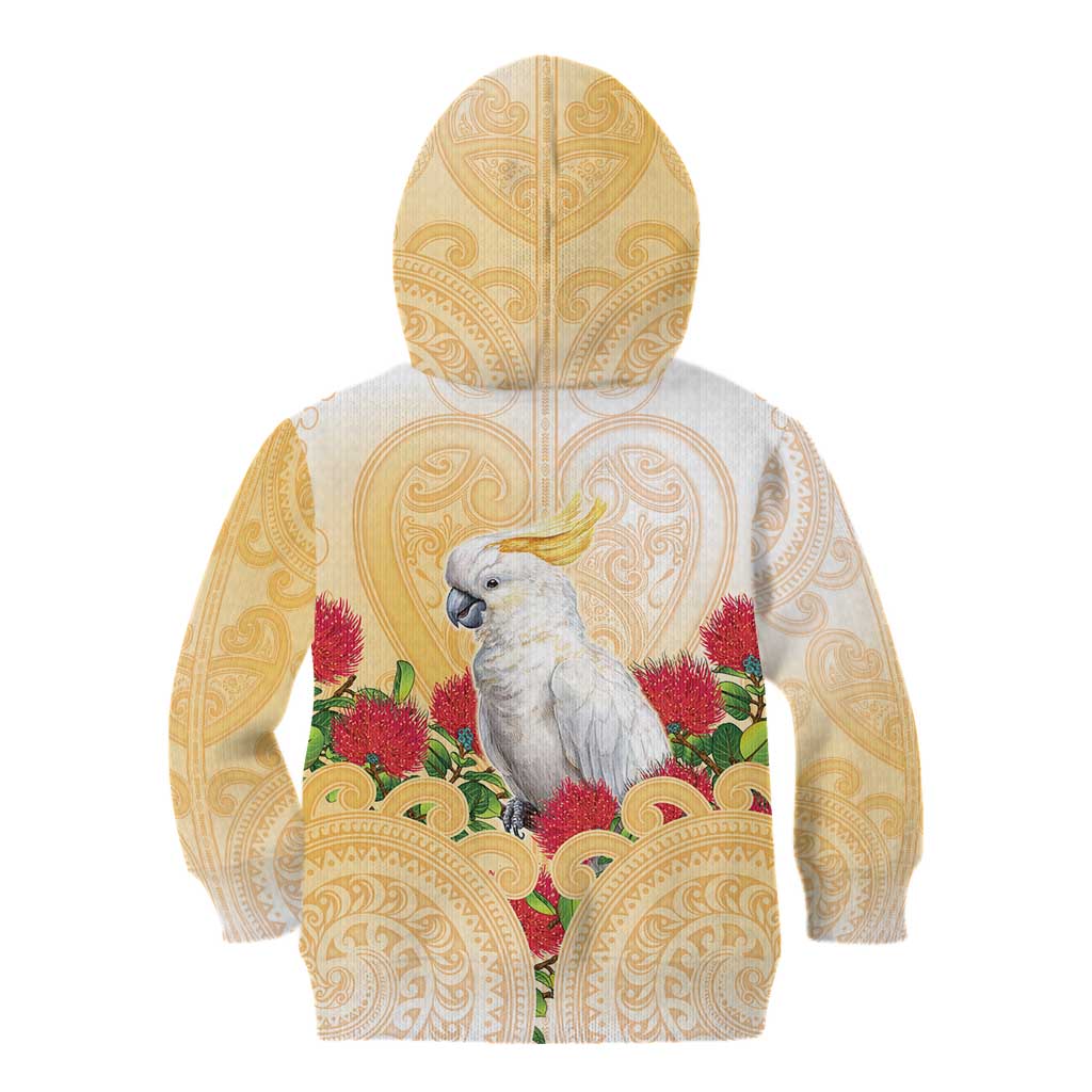 New Zealand Aotearoa Cockatoo Kid Hoodie Maori Pattern With Pohutukawa Flowers