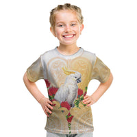New Zealand Aotearoa Cockatoo Kid T Shirt Maori Pattern With Pohutukawa Flowers LT05 Beige - Polynesian Pride
