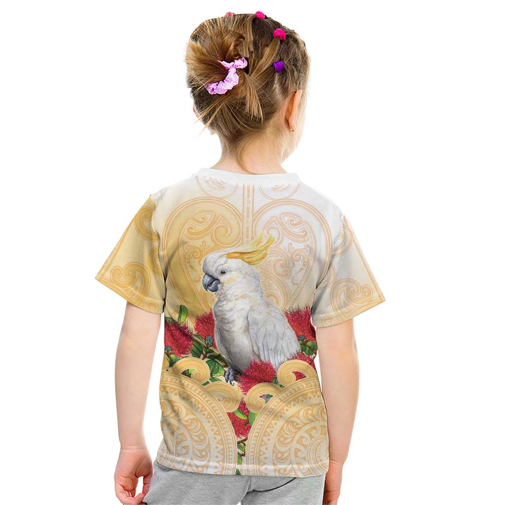 New Zealand Aotearoa Cockatoo Kid T Shirt Maori Pattern With Pohutukawa Flowers LT05 - Polynesian Pride