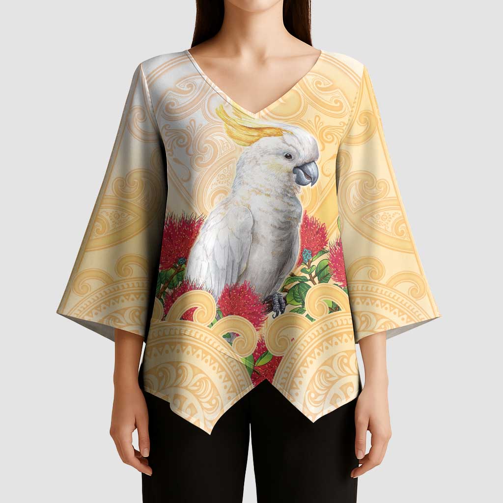 New Zealand Aotearoa Cockatoo Kimono Sleeve Blouse Maori Pattern With Pohutukawa Flowers