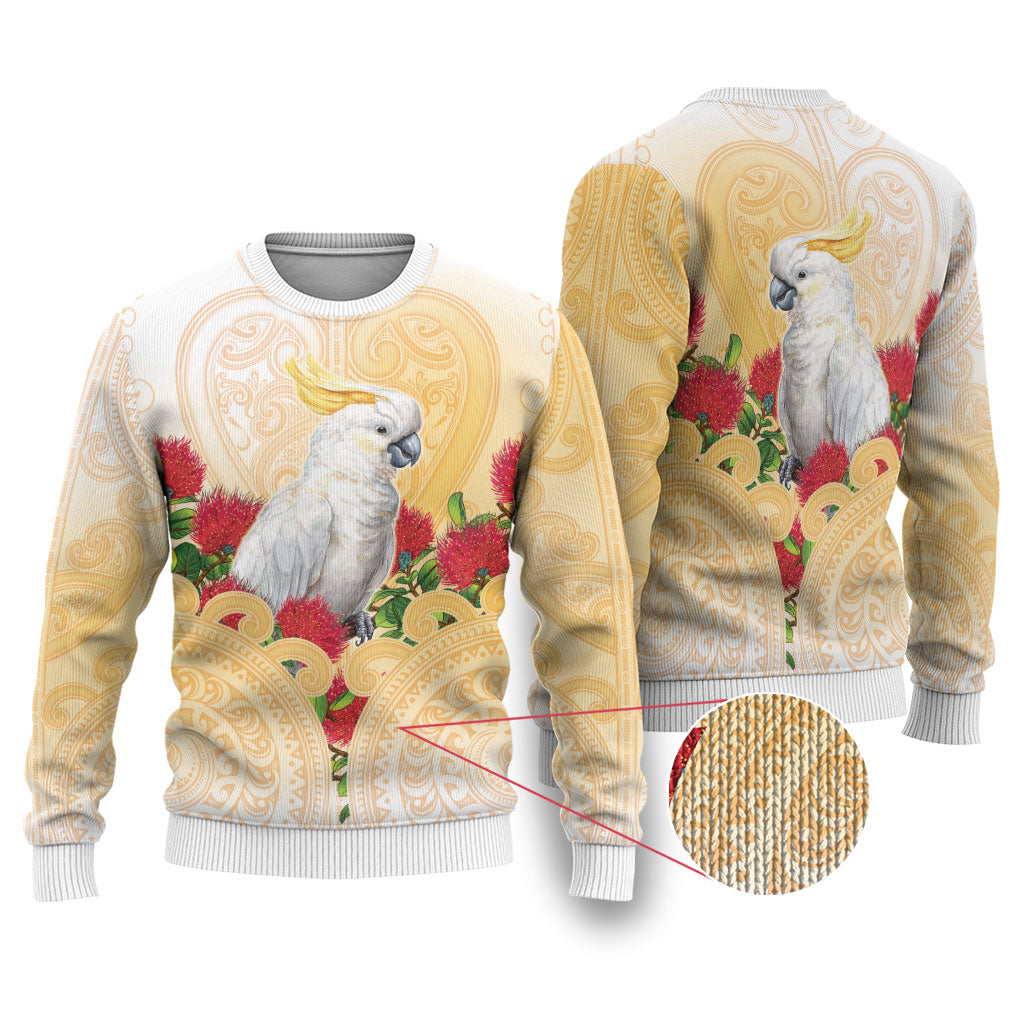 New Zealand Aotearoa Cockatoo Ugly Christmas Sweater Maori Pattern With Pohutukawa Flowers LT05 Beige - Polynesian Pride
