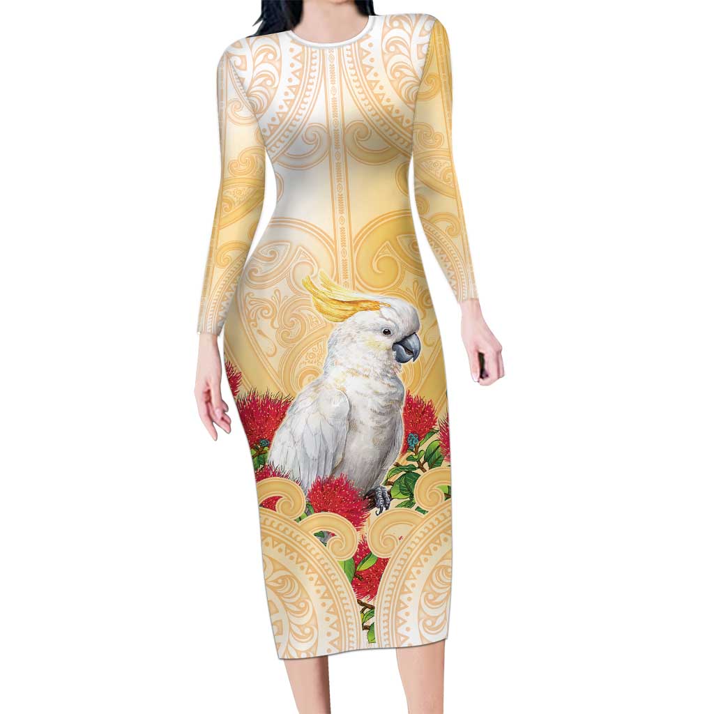 New Zealand Aotearoa Cockatoo Long Sleeve Bodycon Dress Maori Pattern With Pohutukawa Flowers LT05 Long Dress Beige - Polynesian Pride