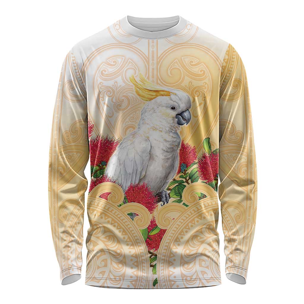 New Zealand Aotearoa Cockatoo Long Sleeve Shirt Maori Pattern With Pohutukawa Flowers LT05 Unisex Beige - Polynesian Pride