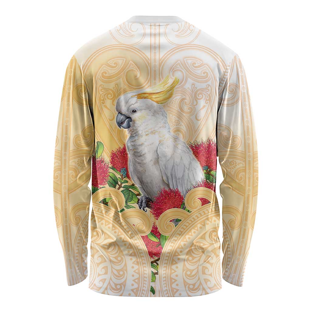 New Zealand Aotearoa Cockatoo Long Sleeve Shirt Maori Pattern With Pohutukawa Flowers LT05 - Polynesian Pride