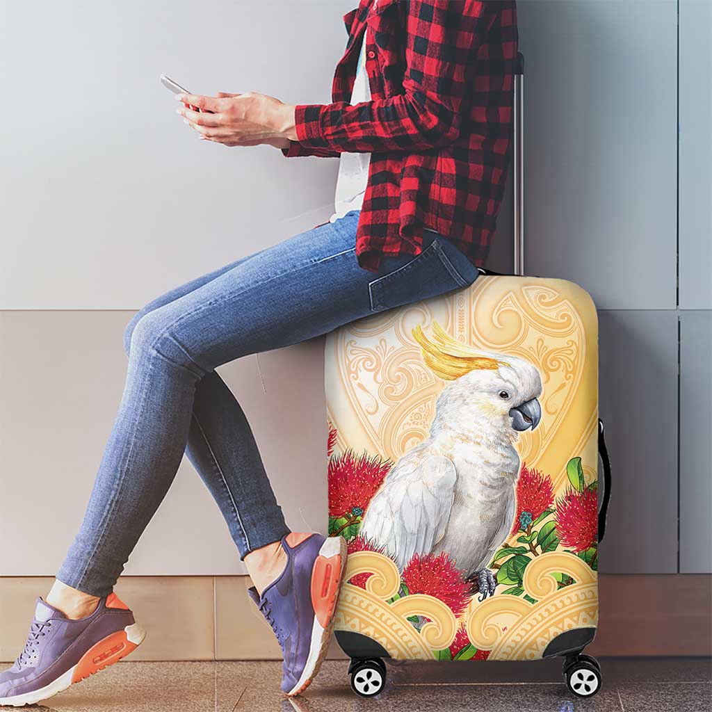 New Zealand Aotearoa Cockatoo Luggage Cover Maori Pattern With Pohutukawa Flowers