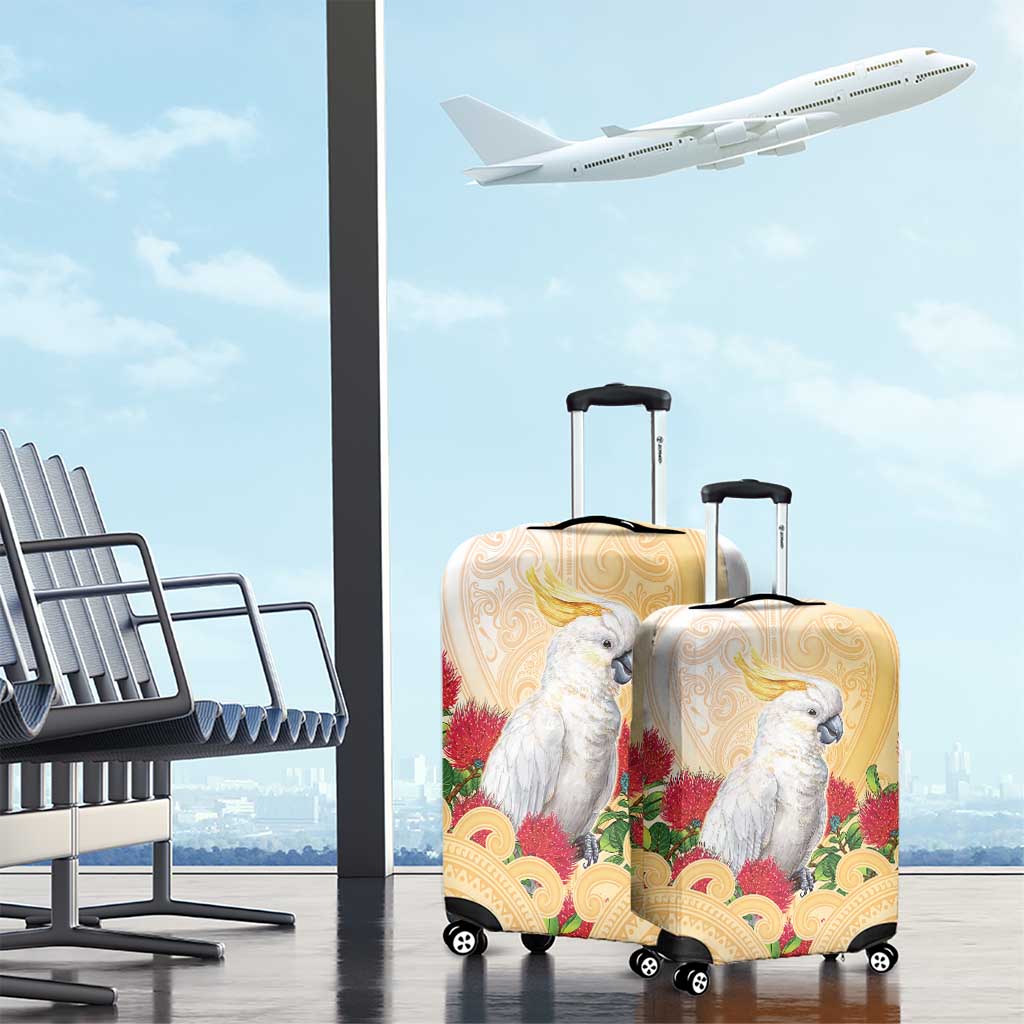 New Zealand Aotearoa Cockatoo Luggage Cover Maori Pattern With Pohutukawa Flowers